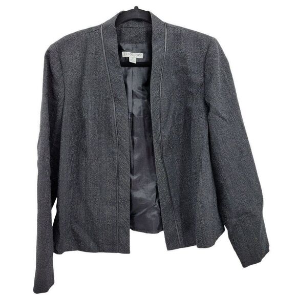 Pendleton Blazer Collarless Open 100% Virgin Wool Leather Trim Black Sz 18P - Picture 1 of 10